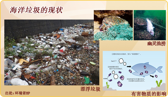 海洋垃圾的现状 : 漂浮垃圾，幽灵渔捞，有害物质的影响 [出处：环境省HP]